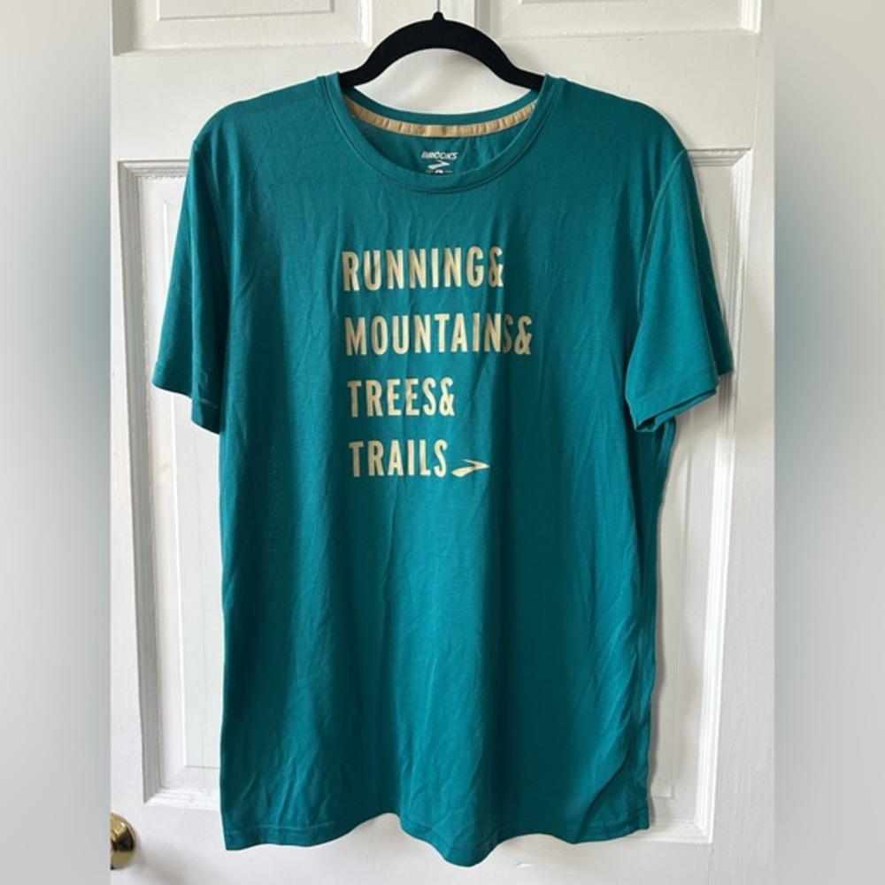 BROOKS Brand Men's Teal T-Shirt Running & Mountain Trees & Trails Size Large EUC